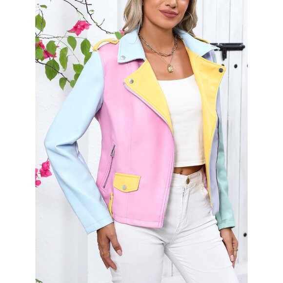 Women Faux Leather Motorcycle Jacket Multicolor Stand Collar with Pockets Coat - Picture 3 of 6